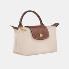 MINI SIZE - TÚI LONGCHAMP LE PLIAGE ORIGINAL POUCH WITH HANDLE - Paper - Recycled Canvas - Túi xách màu be, quai nắp nâu