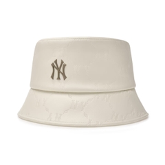 Mũ MLB Diamond Monogram Leather Bucket Hat New York Yankees Cream - Mũ vành tròn, chất da, màu trắng kem