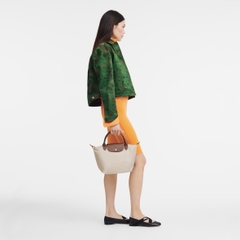 SMALL SIZE - TÚI LONGCHAMP LE PLIAGE ORIGINAL POUCH WITH HANDLE - Paper - Recycled Canvas - Túi xách màu be, quai nắp nâu