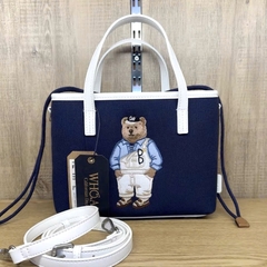 WHOAU BEAR CANVAS TOTE BAG NAVY/BLUE/WHITE - Túi xách có quai, đeo chéo, hình gấu, màu xanh đen/ xanh biển/ trắng