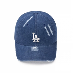 MLB Damage washed denim unstructured ball cap La Dodgers DARK BLUE denim - Mũ lưỡi trai, nón kết màu xanh jeans đậm