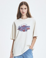 MLB Varsity Vintage Washed Graphic Mega Overfit Short Sleeve T-Shirt NY Newyork Cream - Áo thun cổ tròn tay lỡ tone trắng kem