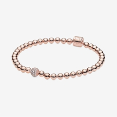 CHÍNH HÃNG - PANDORA Beads & Pavé Bracelet (Barrel clasp, 14K rosegold plated)- Vòng/lắc khoá trụ, dáng bi tròn, mạ vàng hồng 14K - JEWELRY