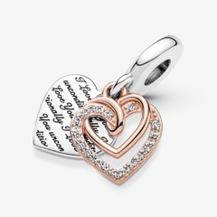 PANDORA Entwined Hearts Double Dangle Charm (Silver Sterling, 14K Rose-gold plated) - Hạt trang trí vòng tay hình tim đôi, tình yêu chân thành