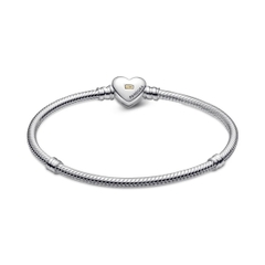 CHÍNH HÃNG - PANDORA Domed Golden Heart Clasp Snake Chain Bracelet (Silver Sterling, 14k Gold) - Vòng/lắc bạc 925, khoá trái tim phối vàng 14k, dáng mềm - JEWELRY