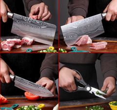 Bộ dao nhà bếp đầy đủ bộ dao gia dụng, dao chặt xương, dao thái lát hoa văn Damascus