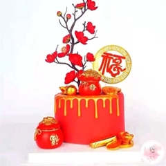 Cành đào đỏ, hồng 30cm - phụ kiện trang trí bánh kem tết