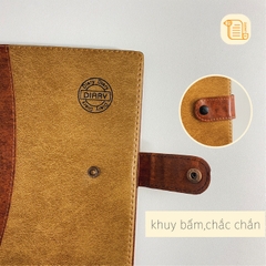 Sổ tay A6-A5-19,5x10,5 kẻ ngang DIARY bìa da khuy bấm tròn 70gsm, 200 trang, cài bút