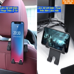 Móc treo đồ ô tô kiêm giá đỡ điện thoại – Bộ 4 móc vân carbon đa năng