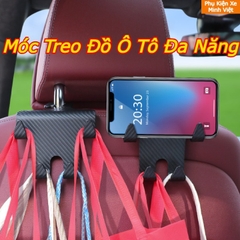 Móc treo đồ ô tô kiêm giá đỡ điện thoại – Bộ 4 móc vân carbon đa năng