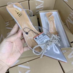 [HÀNG SẴN]  Giày ZR  Mũi Nhọn Trong Suốt nơ đá trắng xd (form to lùi 1 sz)H344