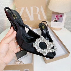 Giày ZR Vải Sa.tin đen Đính Đá Trắng Tròn Cao 8cm Fullbox[nên lùi size-HÀNG SẴN]H350