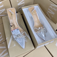 [HÀNG SẴN]  Giày ZR  Mũi Nhọn Trong Suốt nơ đá trắng xd (form to lùi 1 sz)H344