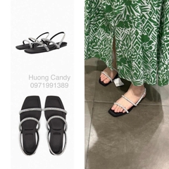 Sandal ZR bệt 2 quai ngang đính đá trắng Full boxH326