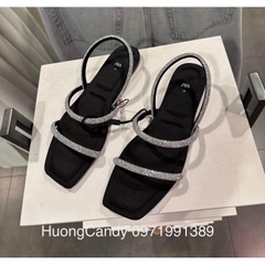 Sandal ZR bệt 2 quai ngang đính đá trắng Full boxH326