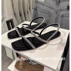 Sandal ZR bệt 2 quai ngang đính đá trắng Full boxH326