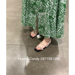 Sandal ZR bệt 2 quai ngang đính đá trắng Full boxH326