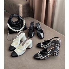 Giày sandal Cnk hở gót mũi tròn đế trụ 6cm phối màu[Sẵn-form to lùi sz]H272