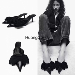 Giày sục Za Đen đính nơ nhung cao 6cm[FullBox]H254