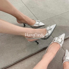 Giày Sandal hở gót mõm nhọn phối khoá cài bản to FullBoxH230
