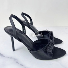 Sandal ZR trang trí nơ đính đá hạt đen hở mõm quai hậu (sẵn-lùi 1 sz)H223