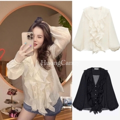 Áo sơ mi tay dài Z xếp lớp cổ chữ V ngọt ngào H418