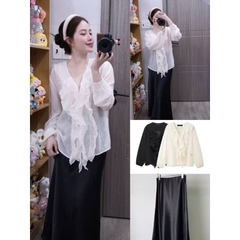 Áo sơ mi tay dài Z xếp lớp cổ chữ V ngọt ngào H418