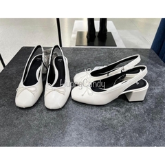 Giày búp bê ZR Trắng mũi nhăn đính nơ đế vuông 6cm(hàng sẵn)H167