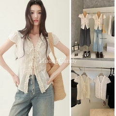 Áo Sơ Mi Nữ Thô Boi WGWE #W8974#H563 Buộc Nơ Ngực Tay Ngắn/ giá A1