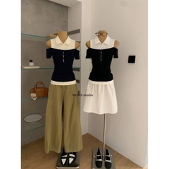 Áo Thun Nữ 𝐖𝐆𝐖𝐄 Phối Cổ Sơ Mi khoét Vai Giả 2 Lớp Đính Nơ #W9139#/H569