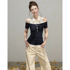 Áo Thun Nữ 𝐖𝐆𝐖𝐄 Phối Cổ Sơ Mi khoét Vai Giả 2 Lớp Đính Nơ #W9139#/H569