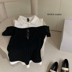 Áo Thun Nữ 𝐖𝐆𝐖𝐄 Phối Cổ Sơ Mi khoét Vai Giả 2 Lớp Đính Nơ #W9139#/H569