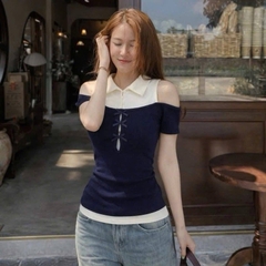 Áo Thun Nữ 𝐖𝐆𝐖𝐄 Phối Cổ Sơ Mi khoét Vai Giả 2 Lớp Đính Nơ #W9139#/H569