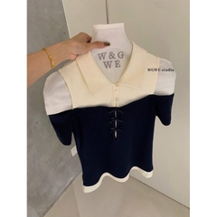 Áo Thun Nữ 𝐖𝐆𝐖𝐄 Phối Cổ Sơ Mi khoét Vai Giả 2 Lớp Đính Nơ #W9139#/H569