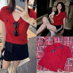 Áo thun nữ cổ tim đỏ thêu logo ngựa chất cotton 4C [Sẵn]/H566