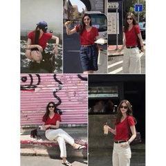 Áo thun nữ cổ tim đỏ thêu logo ngựa chất cotton 4C [Sẵn]/H566