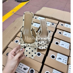 (sẵn) Dép cao gót Z chấm bi quai nơ Trắng/ Nâu mềm cao 5cm H593/8841/