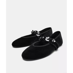 Giày bệt Da lộn đen dây ngang đính cườm hoa Fullbox/8330-12T1.4-H481