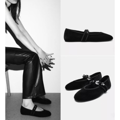 Giày bệt Da lộn đen dây ngang đính cườm hoa Fullbox/8330-12T1.4-H481