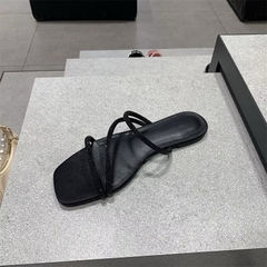 Sandal Dép C mũi vuông đế bệt quai đính đá hạt -6186-T1.4- lấp lánh-H479