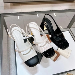 Giày sandal CK phối màu quai đính ngọc mũi vuông-2187- đế trụ cao 6cm-H482