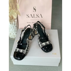 Giày sandal CK phối màu quai đính ngọc mũi vuông-2187- đế trụ cao 6cm-H482