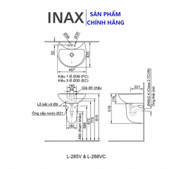 Lavabo Inax Treo Tường L-285V (EC/FC) Kèm Chân Chậu L-288VC – Thiết Kế Thanh Lịch, Tiết Kiệm Không Gian