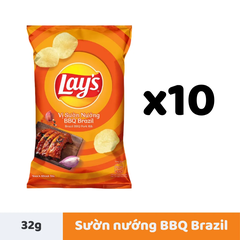 Lốc 10 gói snack khoai tây Lay's vị sườn nướng BBQ Brazil 32g