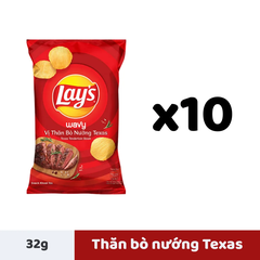 Lốc 10 gói snack khoai tây Lay's Wavy vị thăn bò nướng Texas 32g