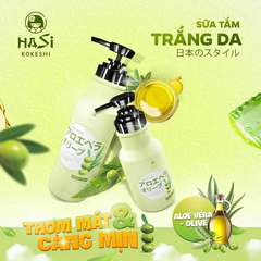 Sữa tắm Hasi Kokeshi nha đam và Olive ẩm mịn da 600ml