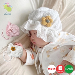 Nón tiểu thư mùa hè đính hoa mai, mũ tai bèo rộng vành che nắng cho bé 𝐌𝟖
