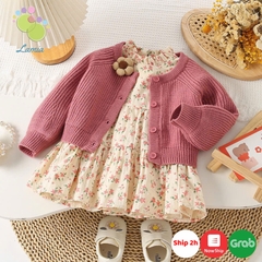 Set váy babydoll hoa nhí kèm áo len hồng đính hoa hàng Quảng Châu cao cấp cho bé gái 𝐒𝐀𝐕𝐋𝟏