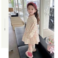 Set váy babydoll hoa nhí kèm áo len hồng đính hoa hàng Quảng Châu cao cấp cho bé gái 𝐒𝐀𝐕𝐋𝟏