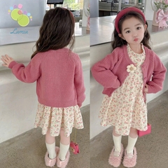 Set váy babydoll hoa nhí kèm áo len hồng đính hoa hàng Quảng Châu cao cấp cho bé gái 𝐒𝐀𝐕𝐋𝟏